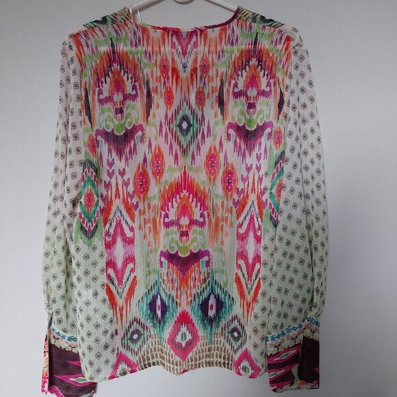 Zara Feather Trim Semi-Sheer  Geometric/Floral Printed Blouse, Size XS - Picture 4 of 10